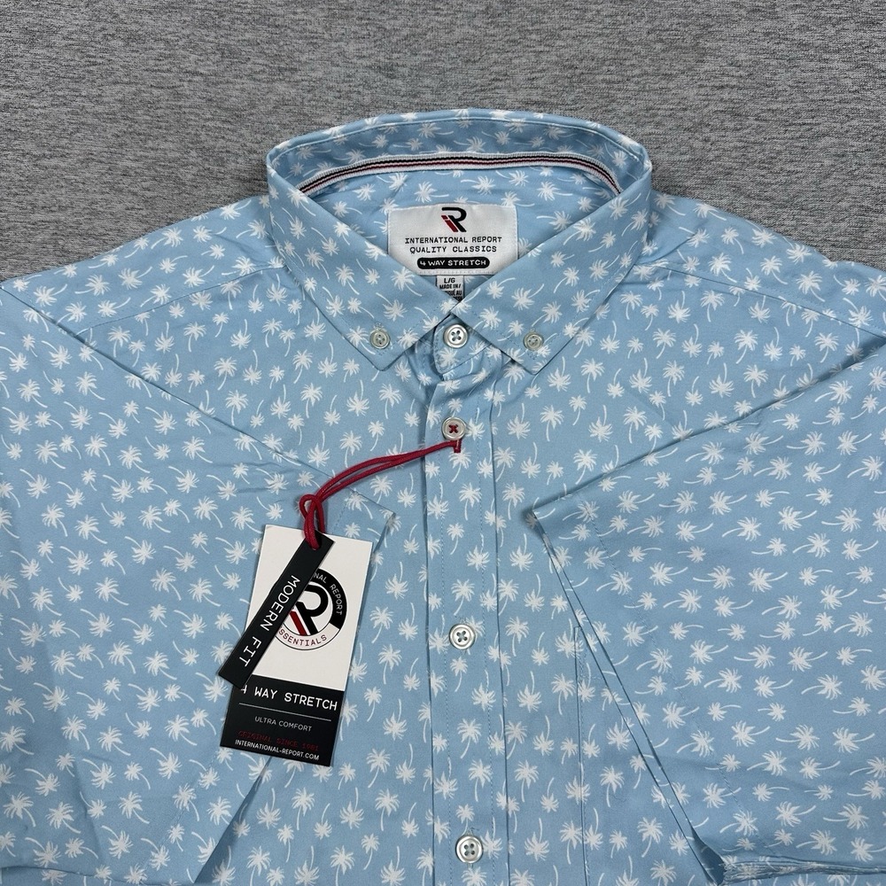 International Report Shirt Mens Large Blue Palm Tree 4 Way Stretch Button Down